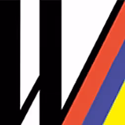 Abstrakte Grafik mit schwarzen, roten, blauen und gelben diagonalen Linien auf weißem Hintergrund.