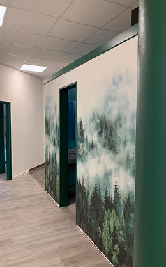 Innenraum mit Wand, die einen nebligen Wald mit Tannenbäumen zeigt, modernem Boden und weißer Decke.